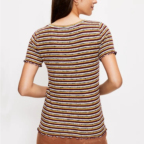 Loft Ribbed Ruffle Striped Fitted Short Sleeved Blouse - Picture 3 of 9